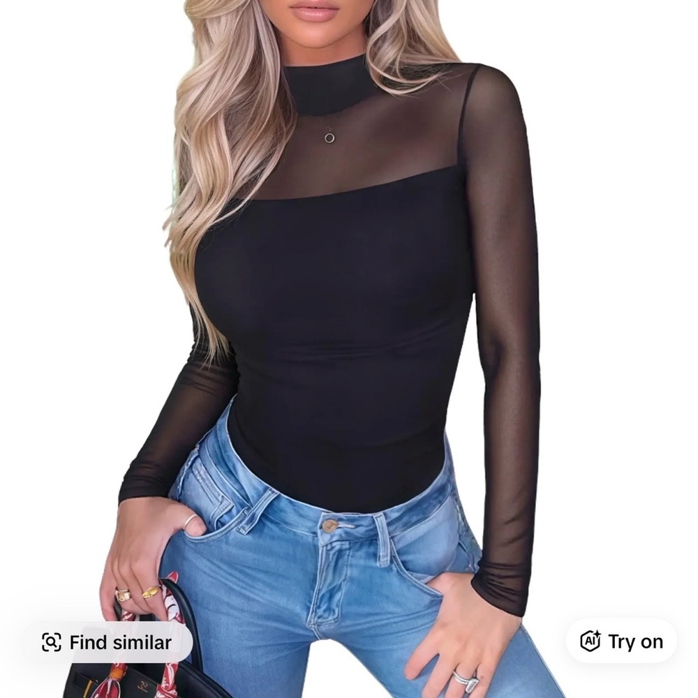 Long-Sleeve Black Ruched Bodysuit with Mock Neck